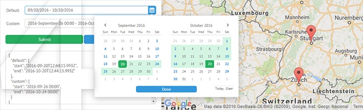 Date range picker, Google maps widget