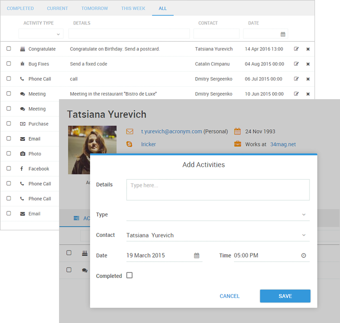 planning acitivties in webix crm