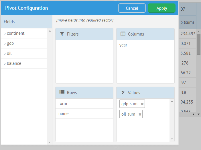 Pivot Table popup configuration