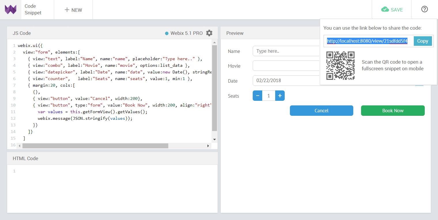 Webix 5.2 new snippet tool