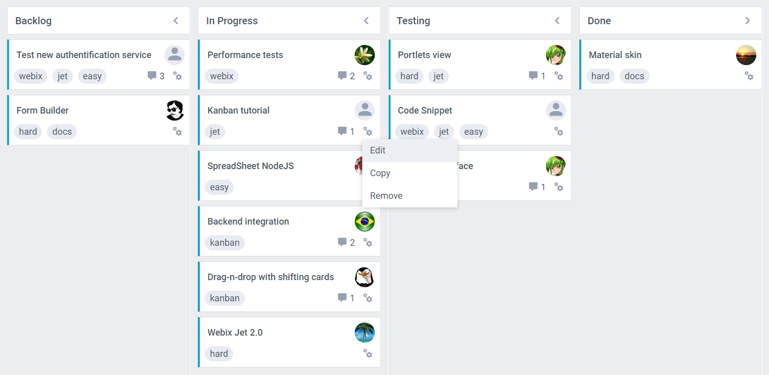 Webix 6.1 Kanban with card action menus