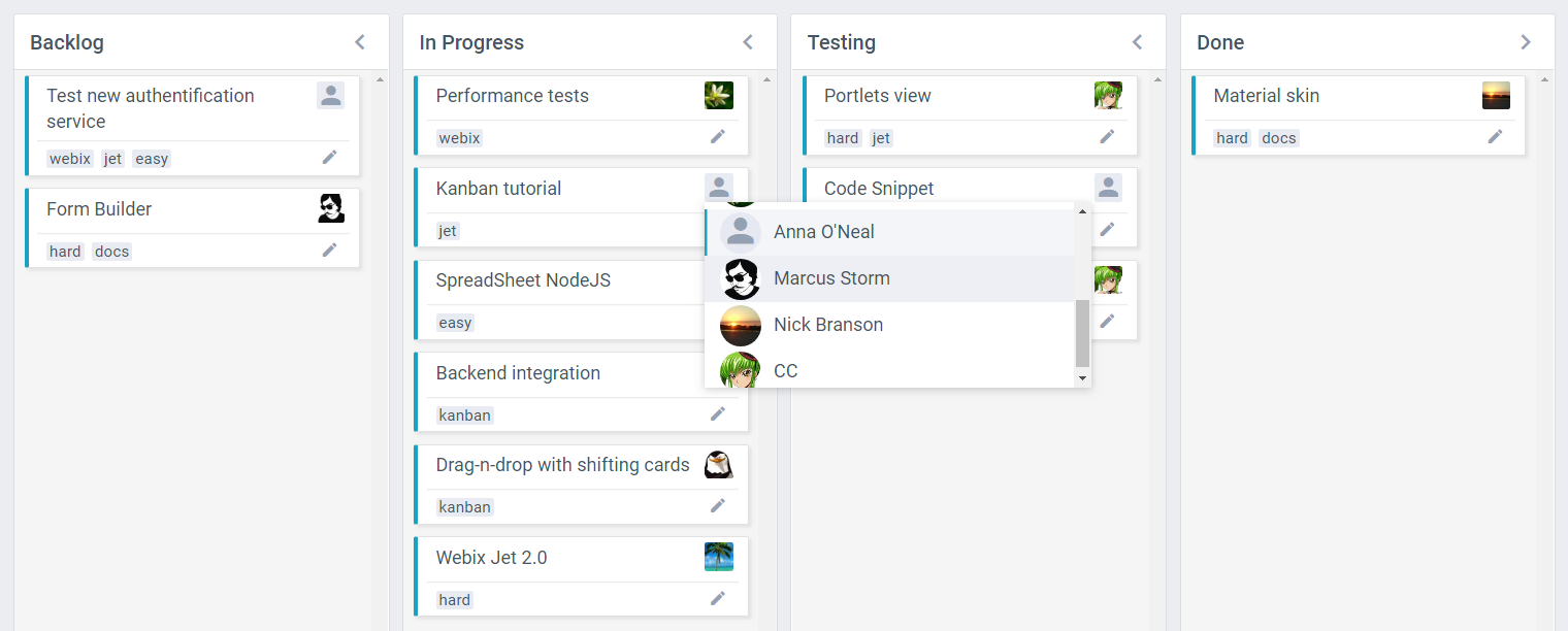 Webix 6.1 Kanban со списком сотрудников