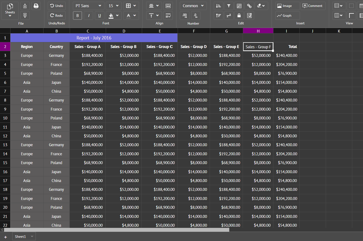 Webix 6.1 Spreadsheet with Contrast skin