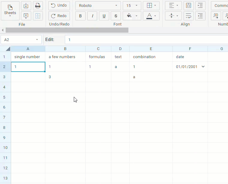 copying values by dragging the selection handle