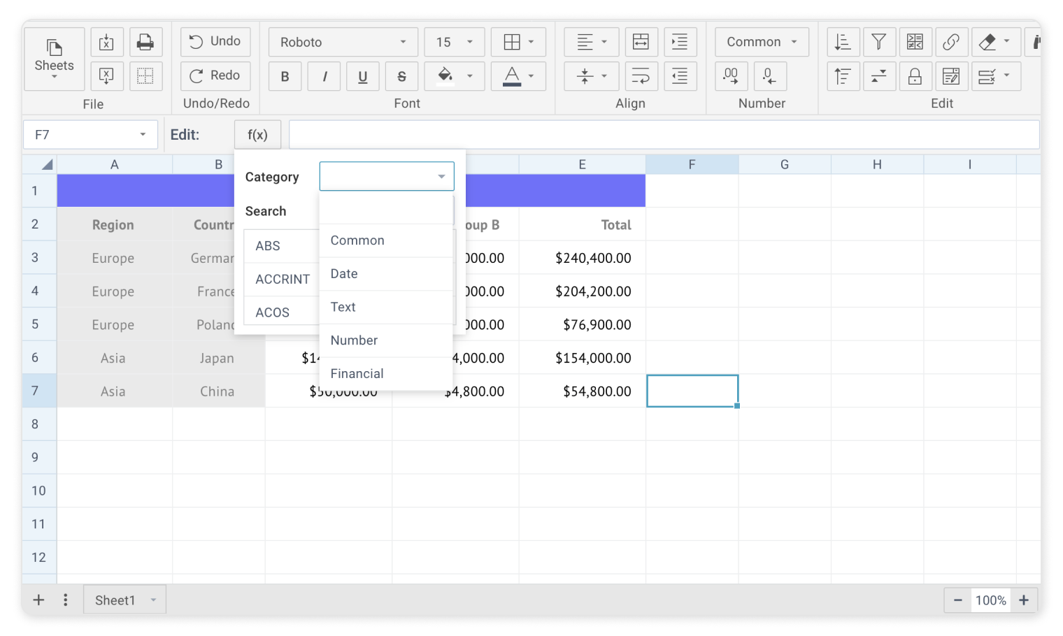 Filter methods by category in Webix SpreadSheet