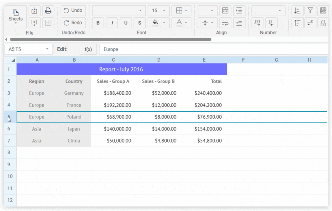Defining Cell Formats via the Context Menu