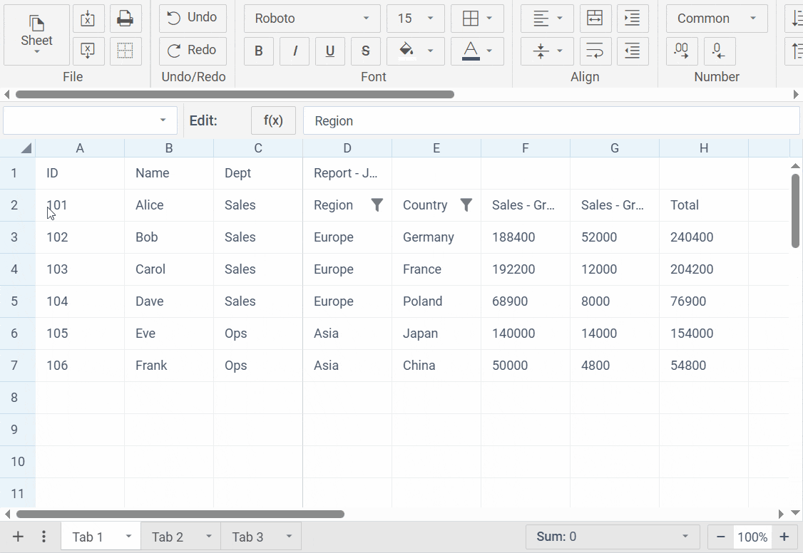 Grouping rows and columns